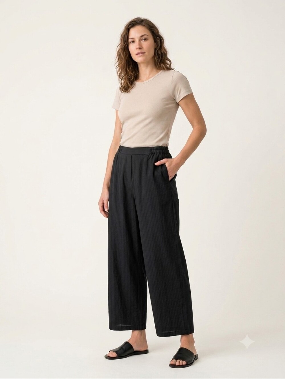 ​Gudrun Sjoden Black Organic Cotton Pinstripe Wide Leg Pants XL Scandi Boho